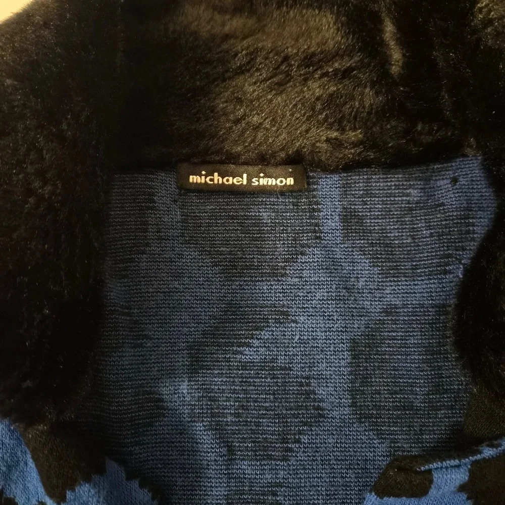Michael Simon RARE Vintage Geometric Blue Faux Fur Collared Cardigan Sweater L